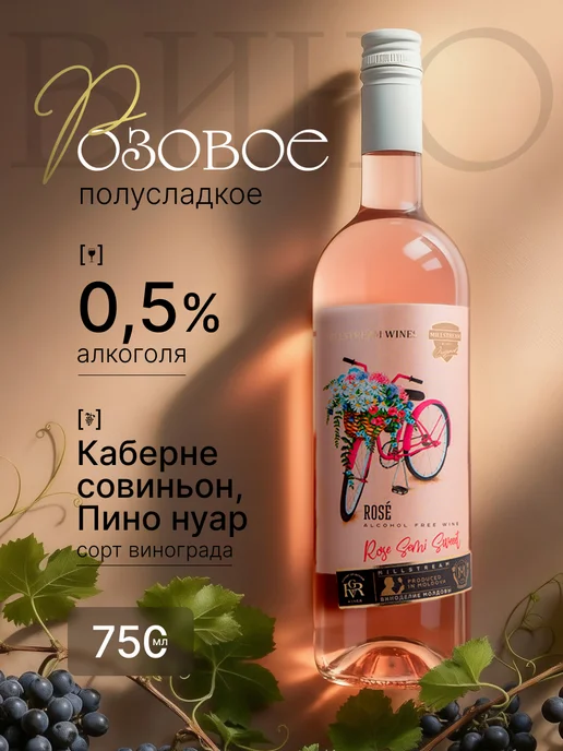 Denovi Вино безалкогольное полусладкое розовое Каберне, Пино Нуар, розовый