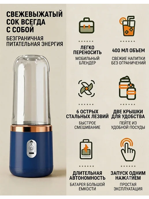 Портативный блендер для смузи и коктейлей с измельчителем, синий, фото 3