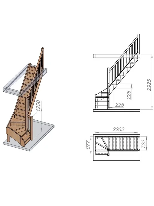 StairShop Лестница деревянная межэтажная проем 950х1710 мм (правая), 770x2270 мм, фото 3