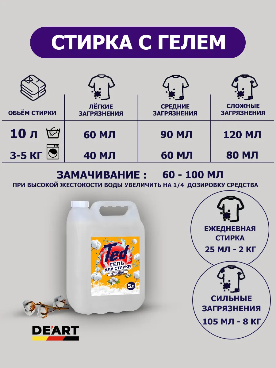 Гель для стирки с пятновыводителем,универсальный 5 л Хлопок фото 8