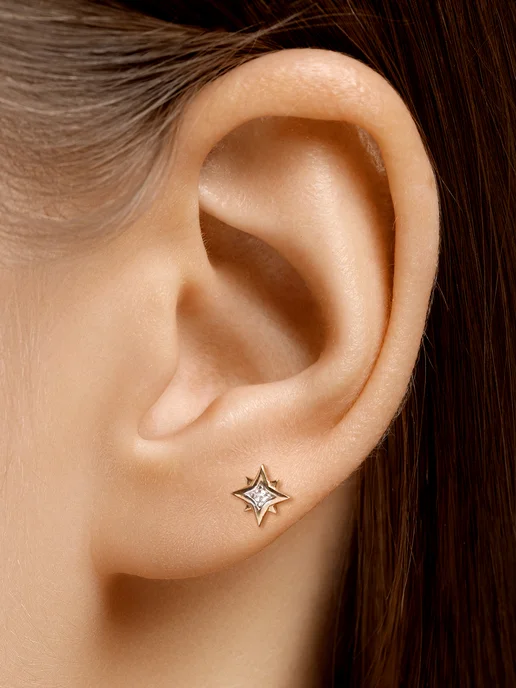 Vesna jewelry Лабрет пирсинг с плоским замком в ухо золото 585 фианит, золотой, фото 2