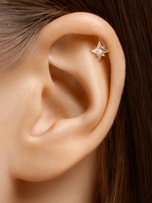Vesna jewelry Лабрет пирсинг с плоским замком в ухо золото 585 фианит, золотой, фото 5