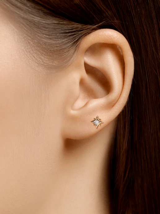 Vesna jewelry Лабрет пирсинг с плоским замком в ухо золото 585 фианит, золотой, фото 7