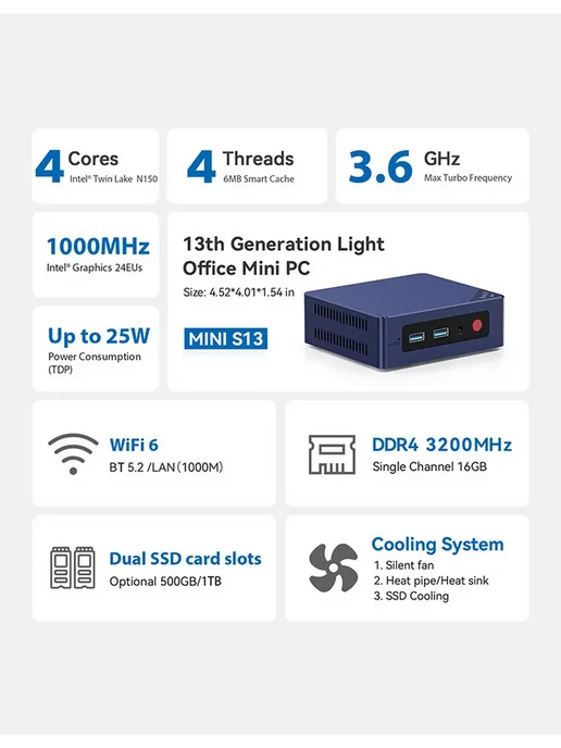 Beelink Мини компьютер MINI S13 intel N150, 12ГБ+500 ГБ, 16 ГБ, 500 ГБ, фото 3