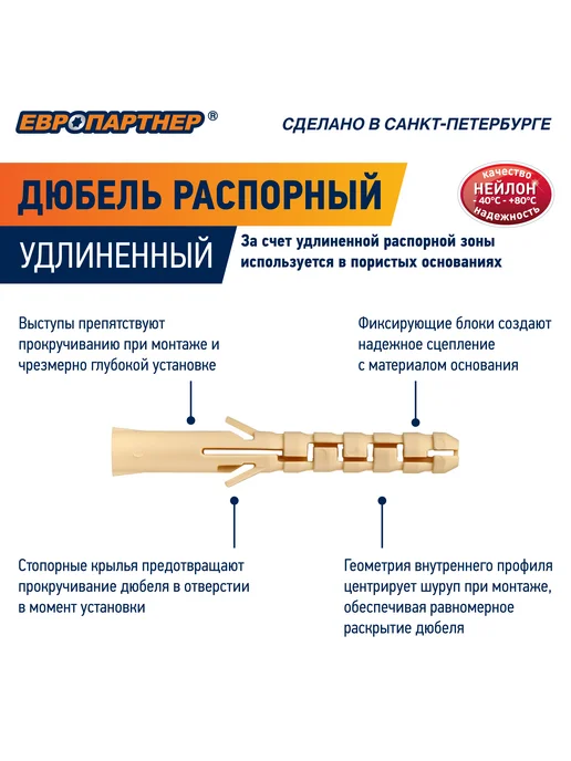 ЕВРОПАРТНЕР Дюбель распорный 6х50мм PND нейлоновый (50 шт.), 50 шт, фото 2