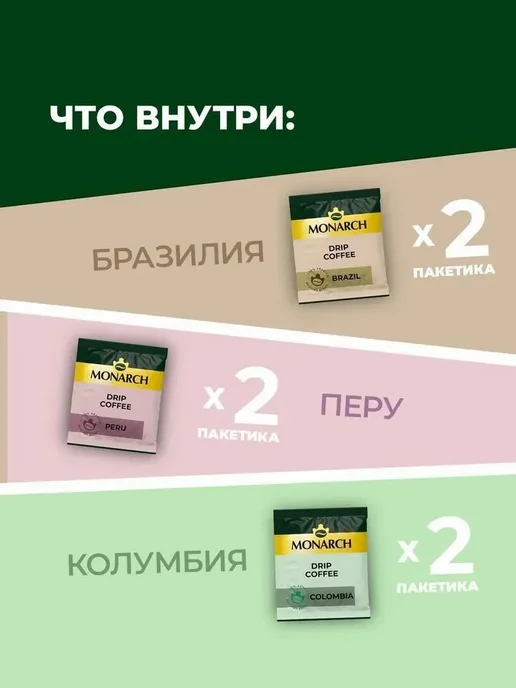 Monarch Набор кофе Монарх в дрип-пакетах, 6шт по 11г, 6 шт, 11 г, фото 3