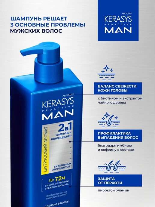 KERASYS Шампунь мужской от перхоти 2 в 1, Цитрусовый 400 мл, Корея, 400 мл, фото 2