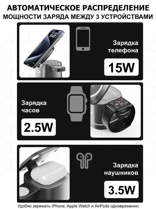 Беспроводная зарядка универсальная 3 в 1 док станция, серый, фото 4