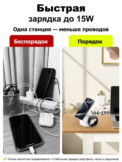 Беспроводная зарядка универсальная 3 в 1 док станция, белый, фото 2