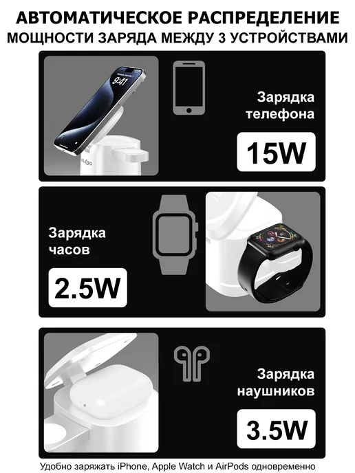 Беспроводная зарядка универсальная 3 в 1 док станция, белый, фото 4