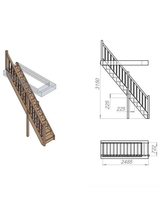 StairShop Лестница деревянная межэтажная проем 770х2447 мм (левая), 770x2120 мм, фото 3