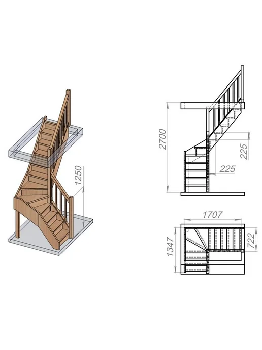 StairShop Лестница деревянная межэтажная проем 770х2447 мм (правая), 950x1710 мм, фото 3