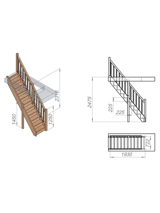 StairShop Лестница деревянная межэтажная проем 950х1710 мм (правая), 770x1730 мм, фото 3