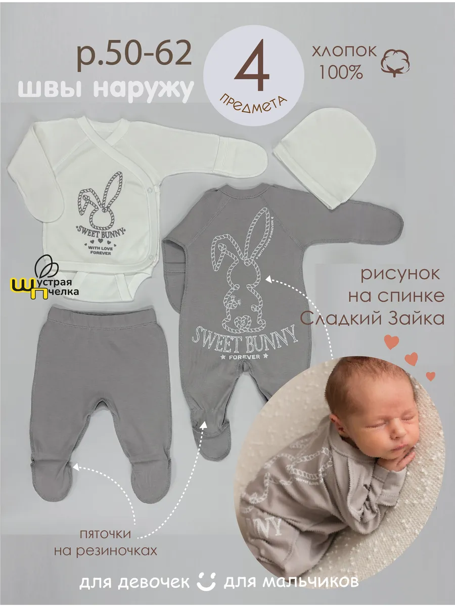 Комплект для новорождённого швы наружу принт на спинке