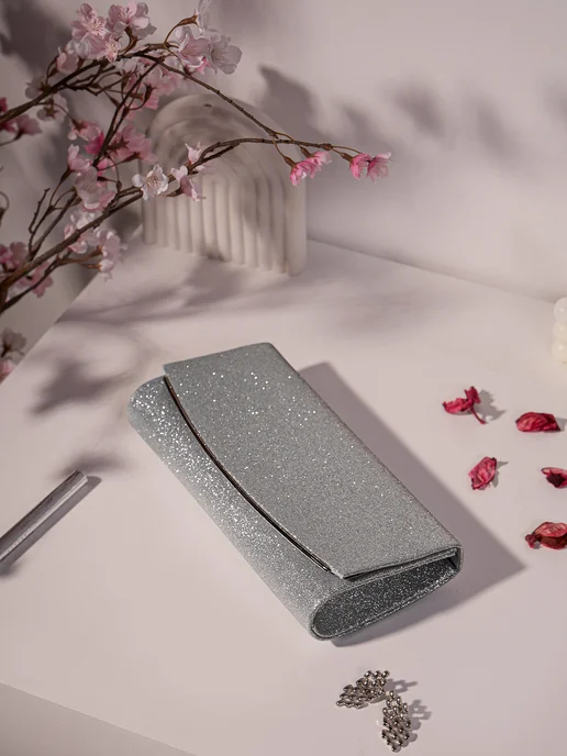 TANMIX Клатч вечерний серебристый с цепочкой на плечо блестящий, серебристый, фото 6
