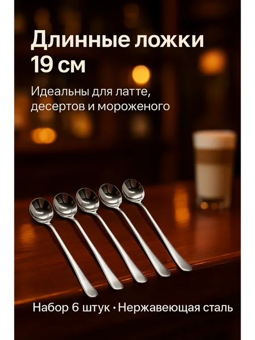 наикошка Набор длинных ложек 6 шт, сталь, для кофе и десертов, 6 шт, фото 2