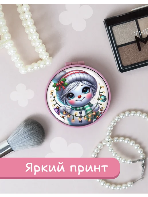 AniKoya Зеркальце карманное складное снеговик новогоднее, розовый, фото 3