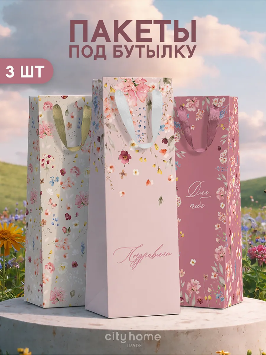 Подарочный пакет под бутылку набор 3 шт