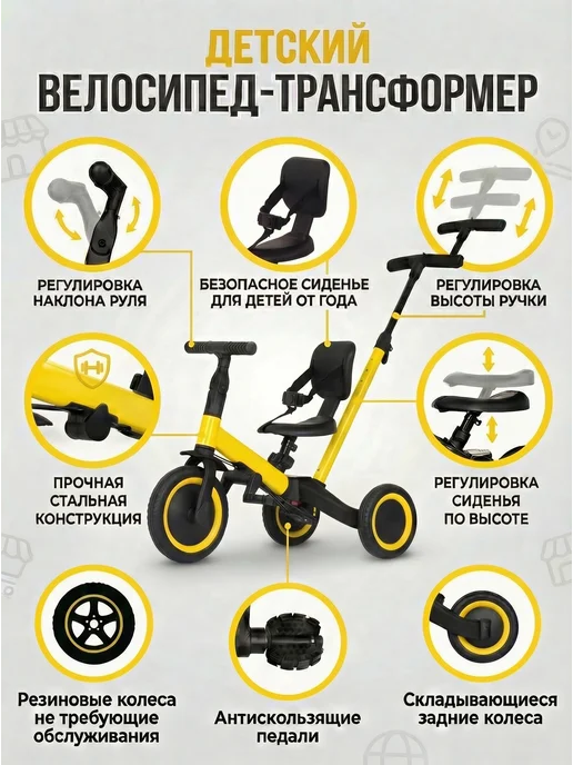 R-Wings Беговел-велосипед 4в1 с родительской ручкой - TR007-YELLOW, желтый, фото 3