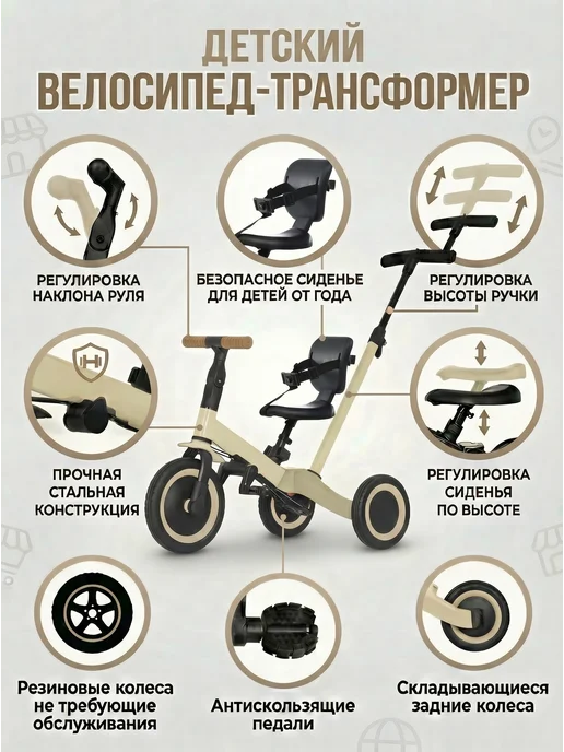R-Wings Беговел-велосипед 4в1 с родительской ручкой - TR007-BEIGE, бежевый, фото 3