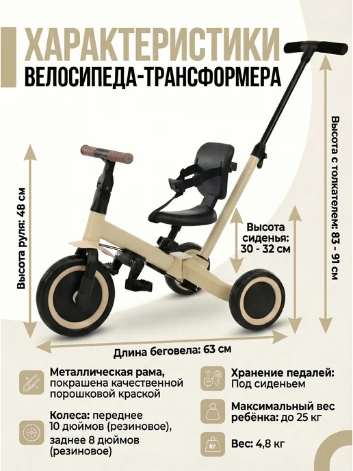 R-Wings Беговел-велосипед 4в1 с родительской ручкой - TR007-BEIGE, бежевый, фото 4