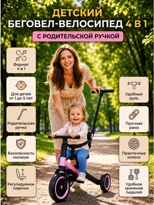 R-Wings Беговел-велосипед 4в1 с родительской ручкой - TR007-PINK, розовый