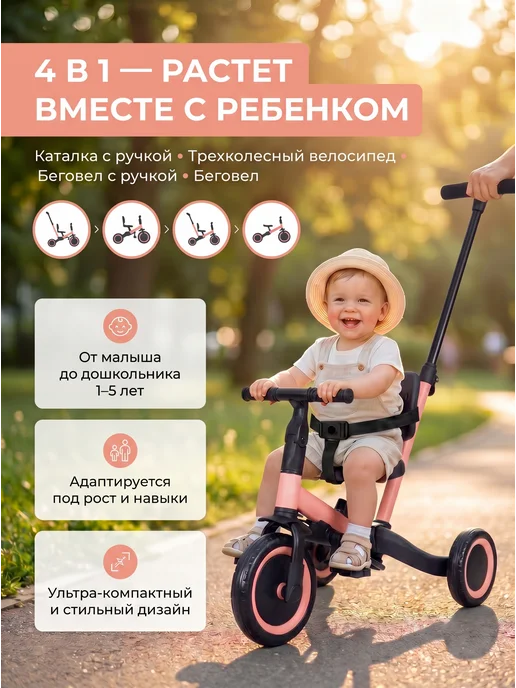 R-Wings Беговел-велосипед 4в1 с родительской ручкой - TR007-PINK, розовый, фото 2