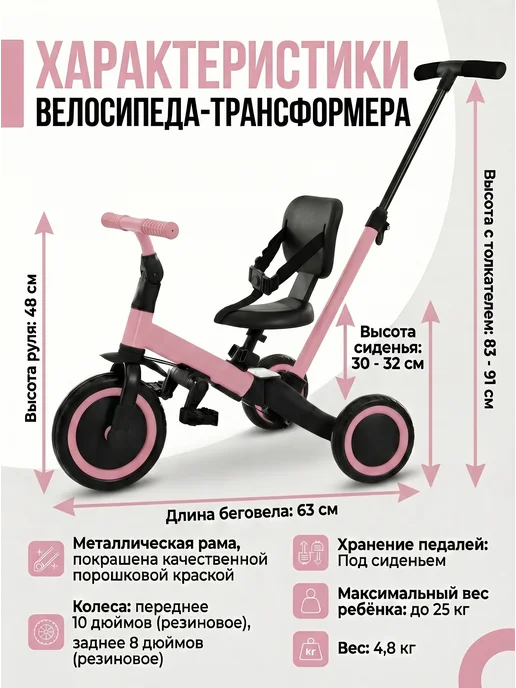 R-Wings Беговел-велосипед 4в1 с родительской ручкой - TR007-PINK, розовый, фото 4