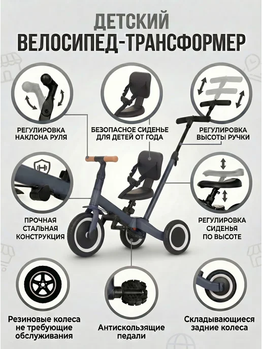 R-Wings Беговел-велосипед 4в1 с ручкой - TR007-DARK-GREY, серый, фото 3