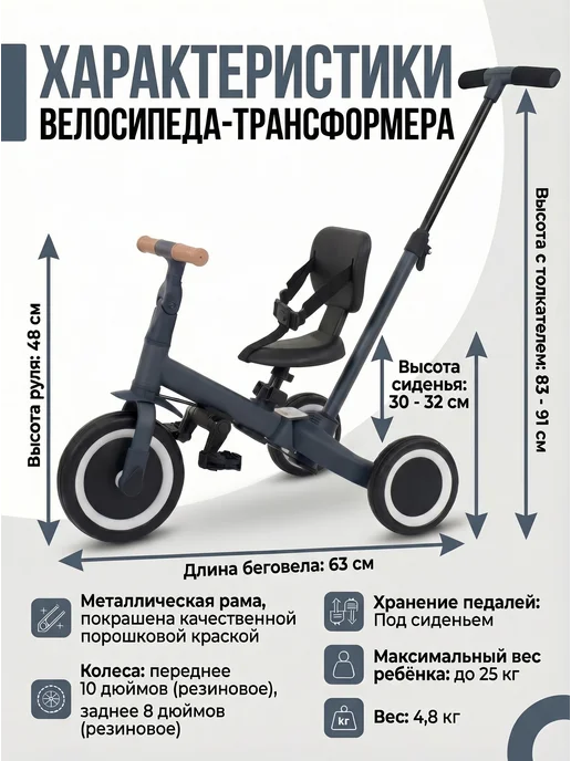 R-Wings Беговел-велосипед 4в1 с ручкой - TR007-DARK-GREY, серый, фото 4