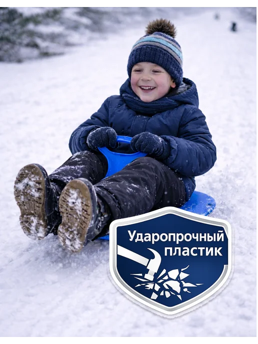 Ледянка с ручкой пластиковая синяя для катания с горки, синий, фото 3