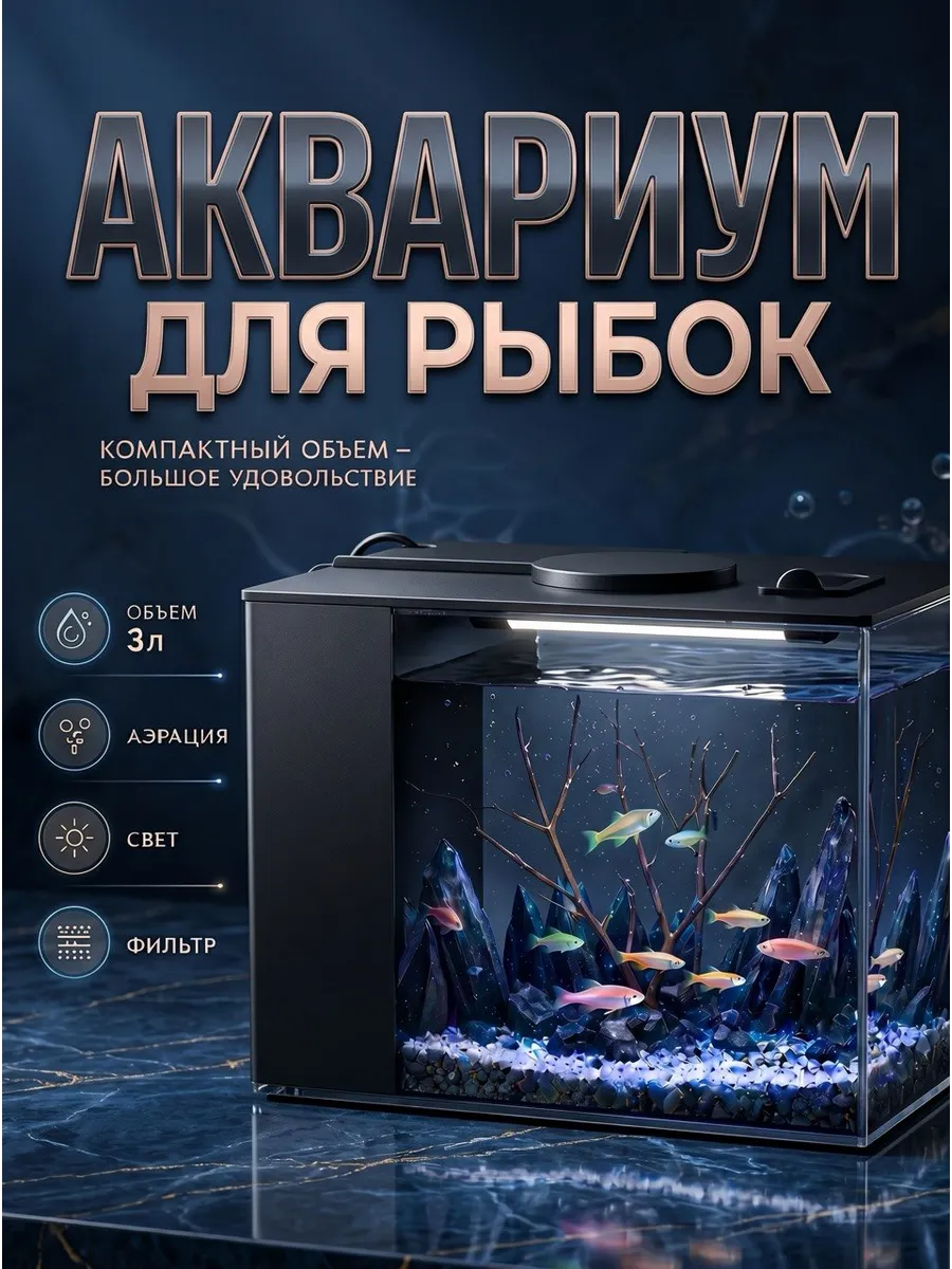 Аквариум для рыбок с подсветкой и фильтром для петушка