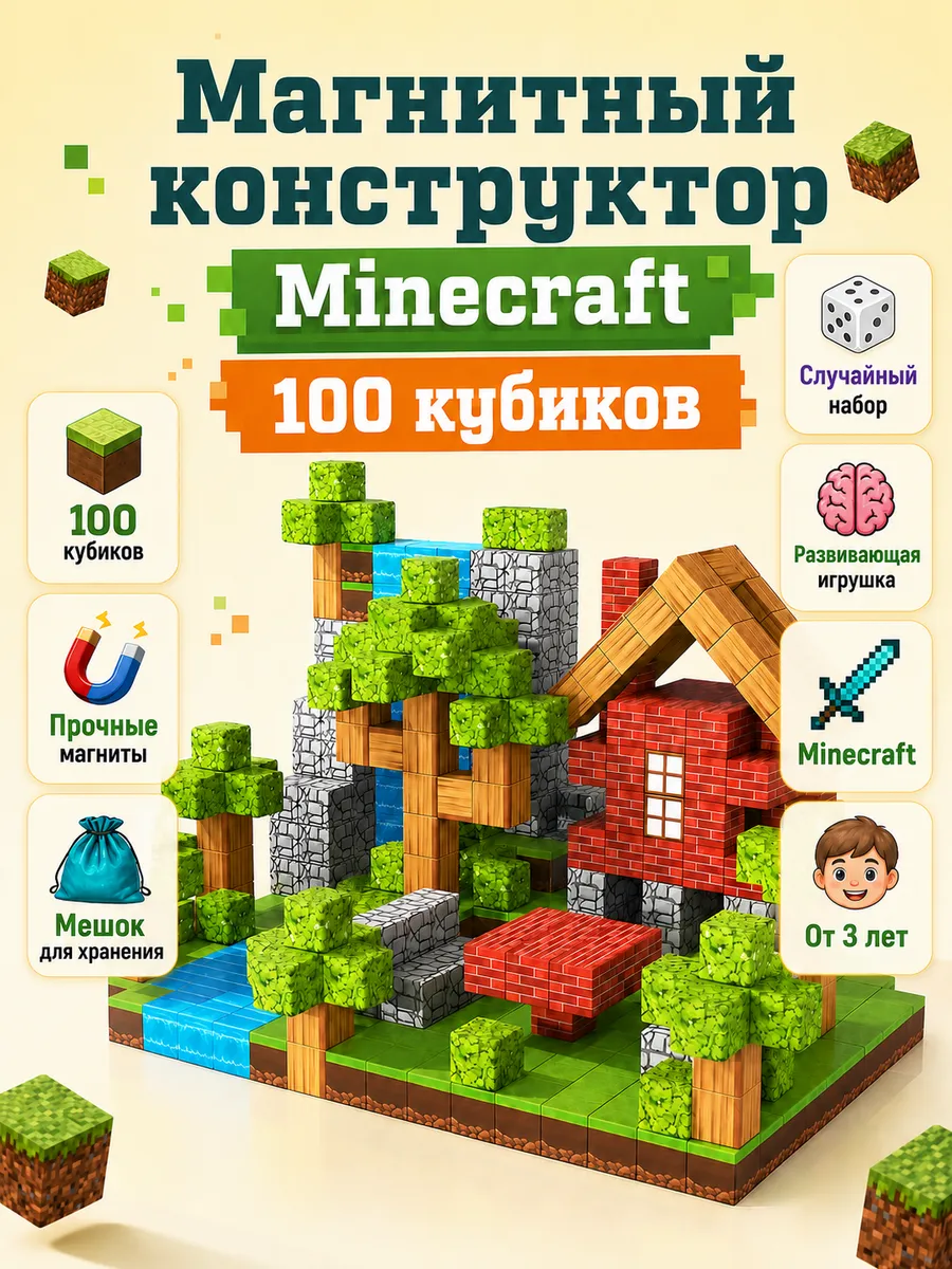 Магнитный конструктор Minecraft кубики 3+