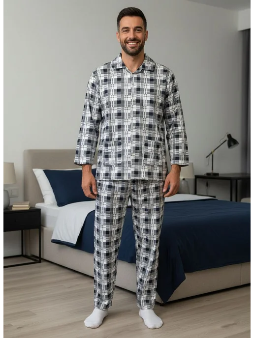 BLOSSOM MEN'S пижама мужская с начесом на пуговицах, голубой, фото 7