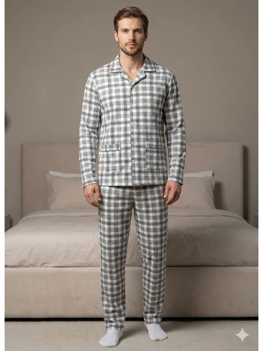 BLOSSOM MEN'S пижама мужская с начесом на пуговицах, черный, фото 4
