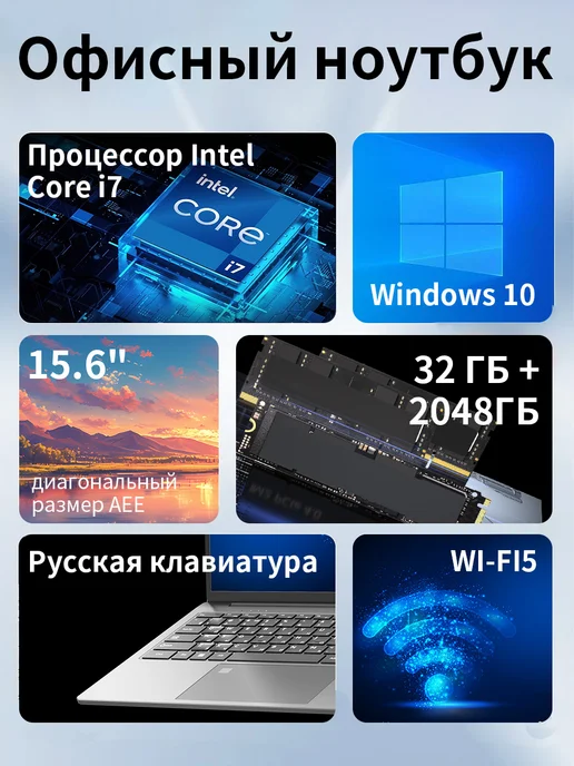 ApexNote Intel Core i7 Ноутбук, 32 ГБ, SSD 512 ГБ для работы и игр, 32 ГБ, 512 ГБ, фото 3