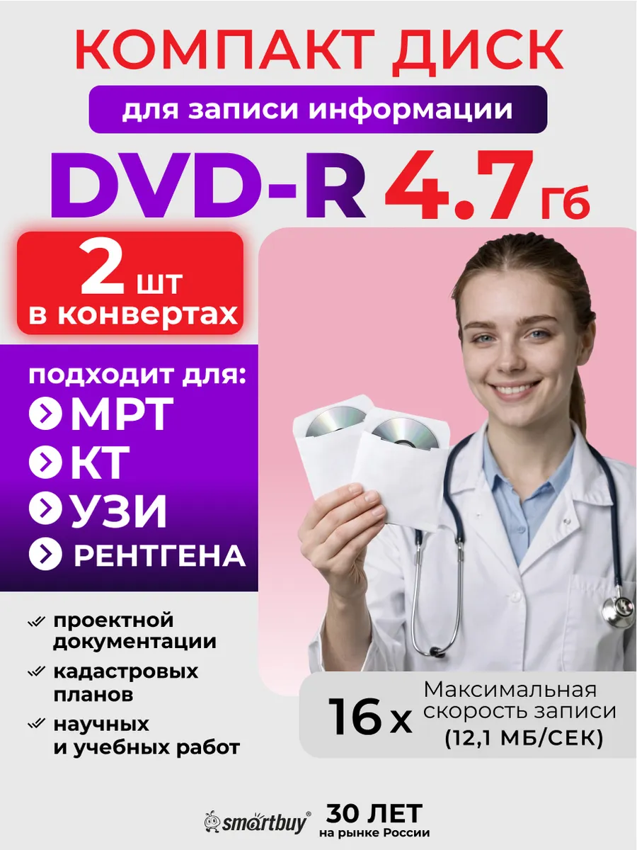Диск для записи DVD-R 4.7Гб 16x, 2шт в конвертах