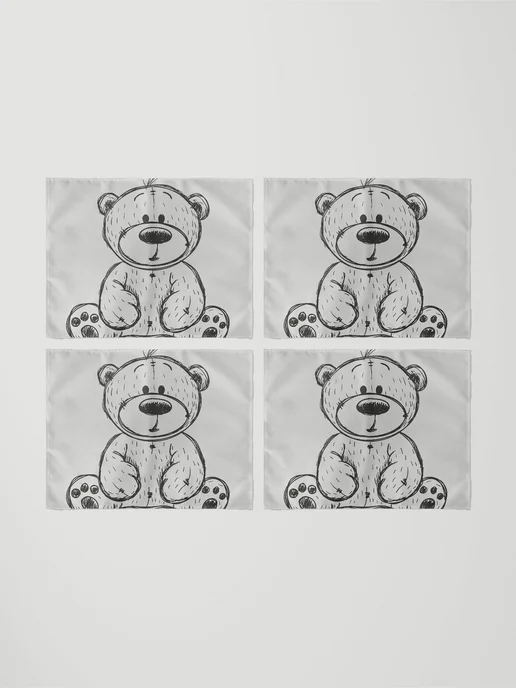 PrintyFull Плейсматы с фотопринтом 4шт. Чёрно-белый рисунок плюшевого, 4 шт