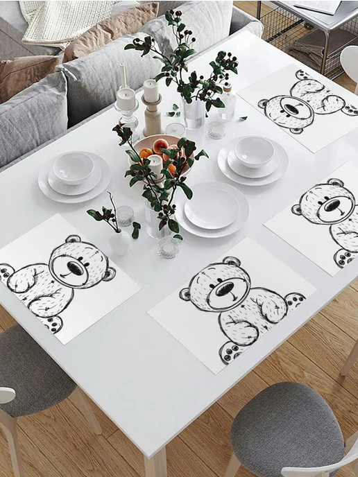 PrintyFull Плейсматы с фотопринтом 4шт. Чёрно-белый рисунок плюшевого, 4 шт, фото 2