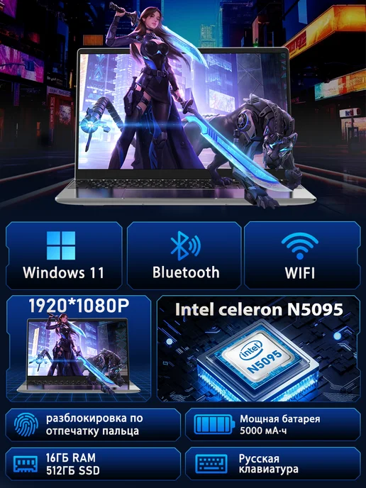 Ноутбук 15.6" Intel N5095, 16 512ГБ SSD для учёбы и работы, 512 ГБ, фото 3