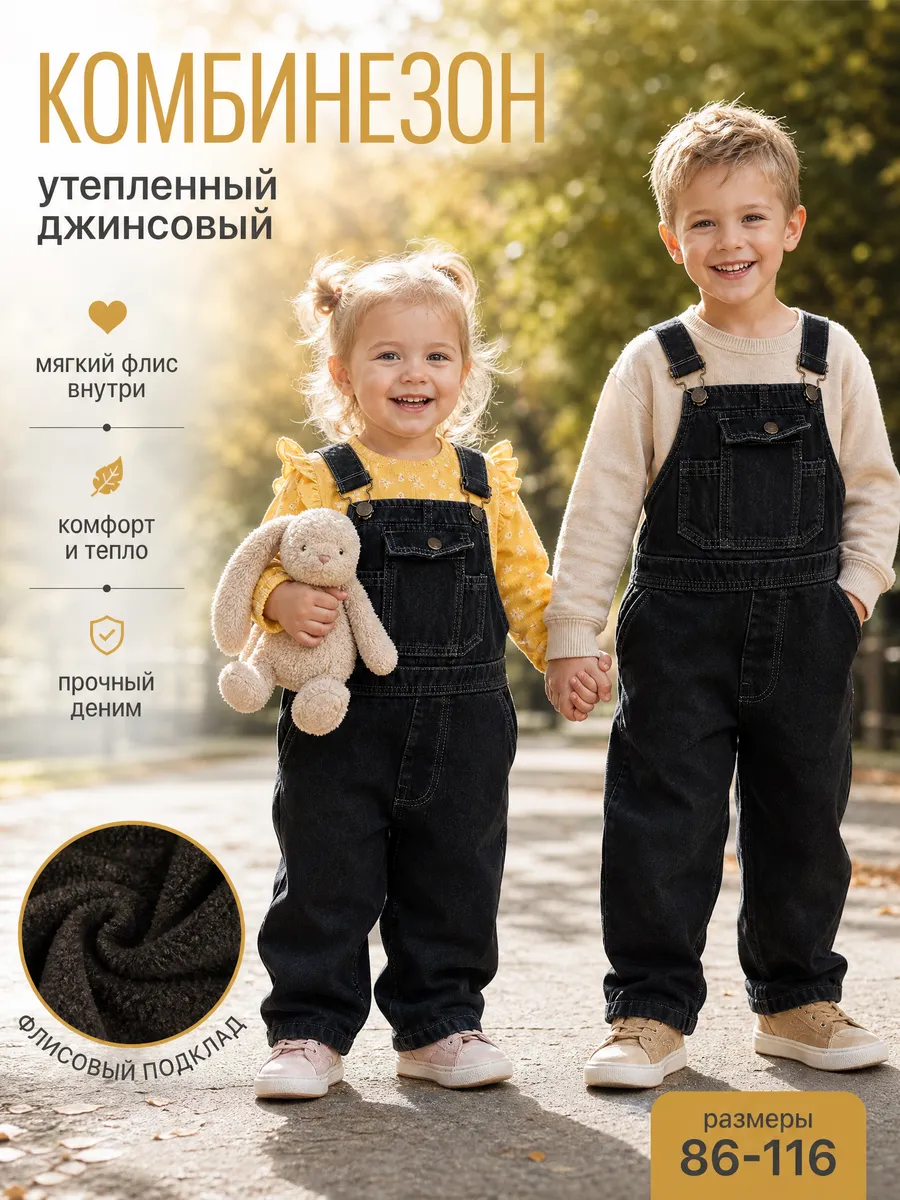 Утепленный джинсовый полукомбинезон на флисе