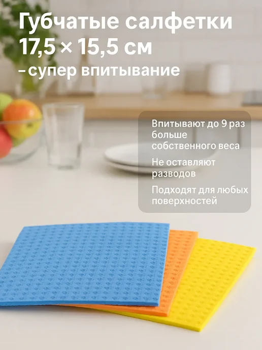 Ариш Губчатые салфетки для уборки 3 шт 17,5×15,5 см впитывающие, 17.5x15.5 см, 3 шт