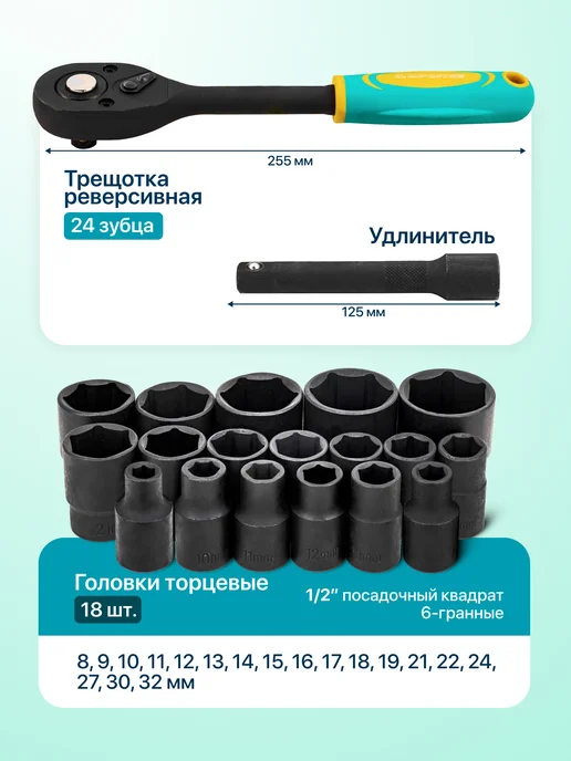 ILOforce Набор головок торцевых с трещоткой 1 2", 20 предметов, 20 шт, фото 2