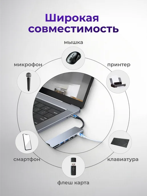 НеБезПользы USB разветвитель ХАБ для устройств 8 в 1 с LAN-портом, серый, фото 4