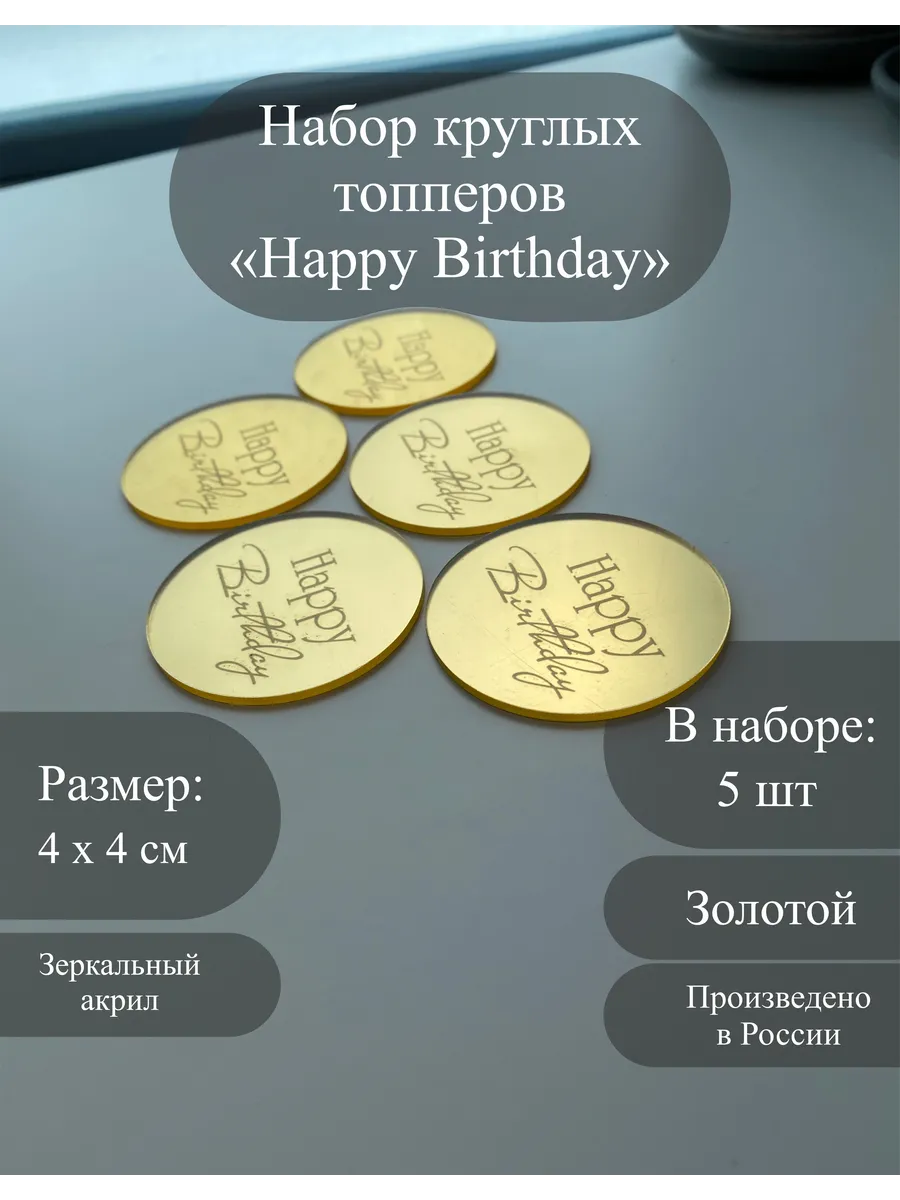 Набор круглых топперов на торт Happy Birthday золотой