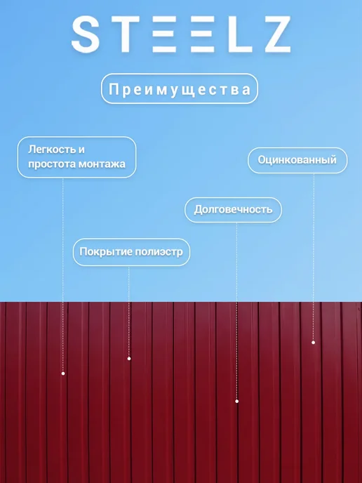 Steelz Профлист МП20 2000 х 1150 х 0,35 мм красный 3005, 50 шт, 2000x1150, 40 шт, фото 2