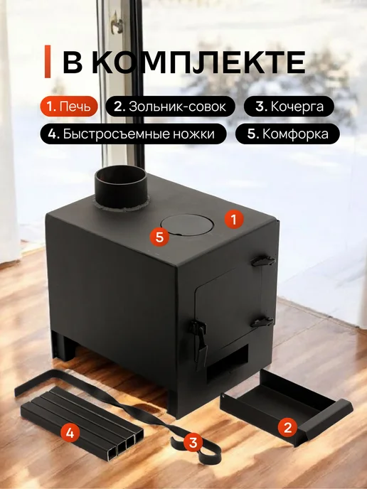 Печь буржуйка отопительная для дачи, гаража, черный, фото 3