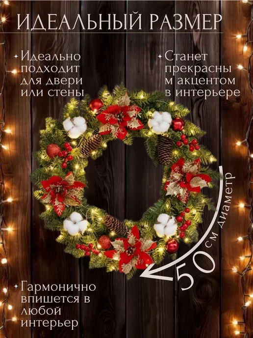 Венок новогодний украшение декоративное 50 см светящийся, белый, фото 3