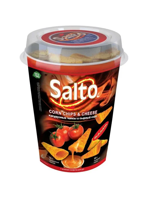 Чипсы кукурузные Salto со вкусом томата, 75г + соус + гигиен, 75 г
