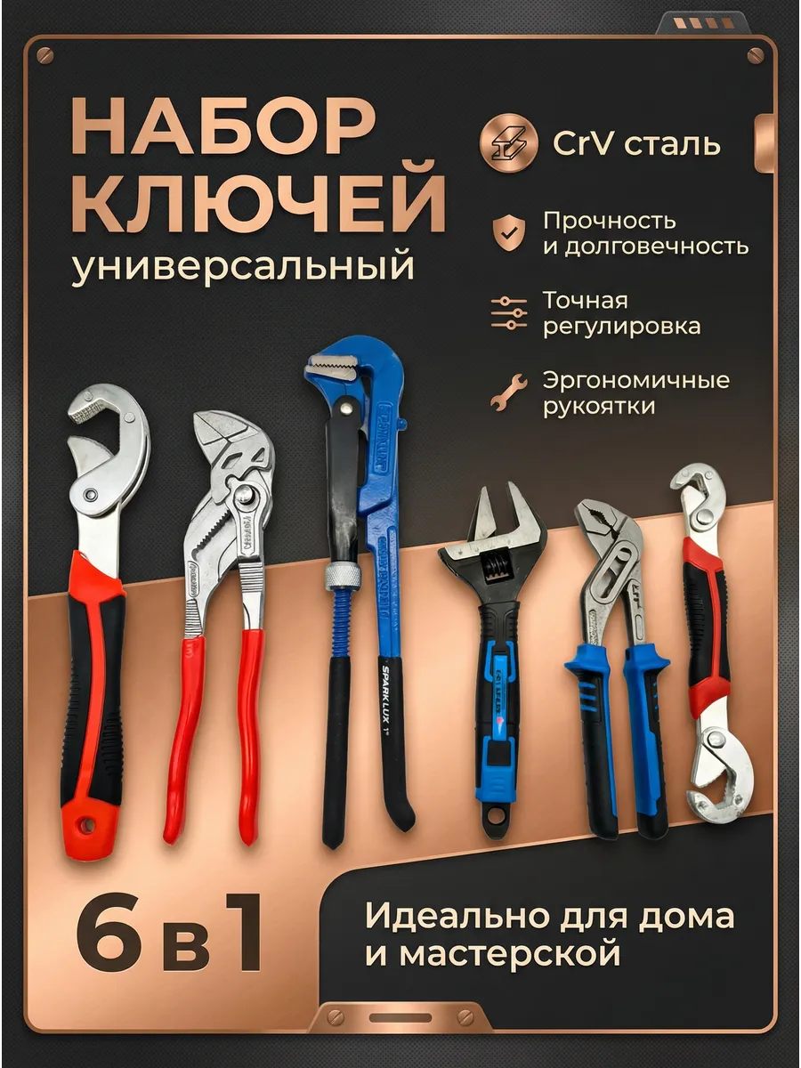 Ключ газовый, разводной, гаечный и клещи переставные
